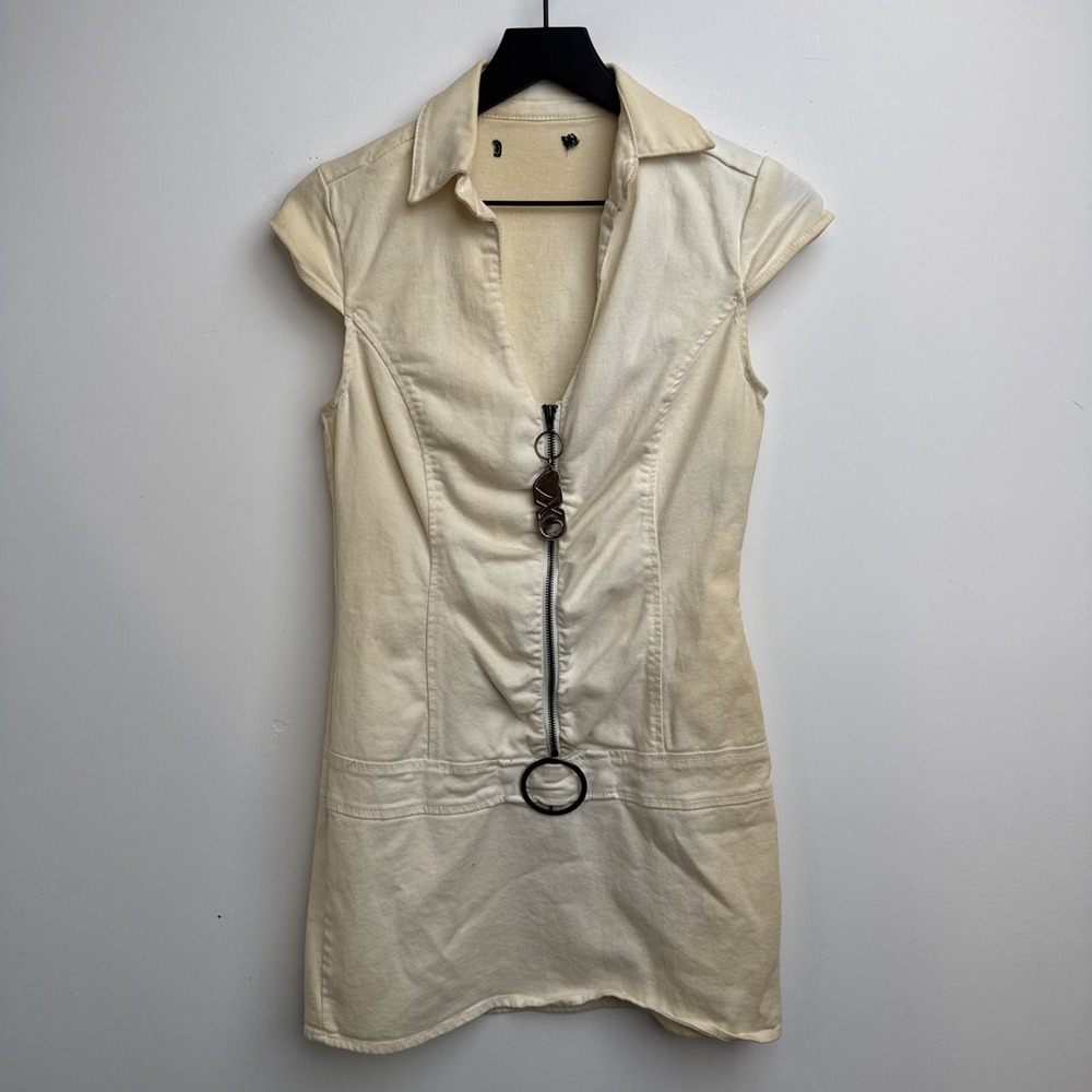 VTG Highway Jeans Mini‎ Dress M Ivory Sleeveless Zipped w/ Charms Womens